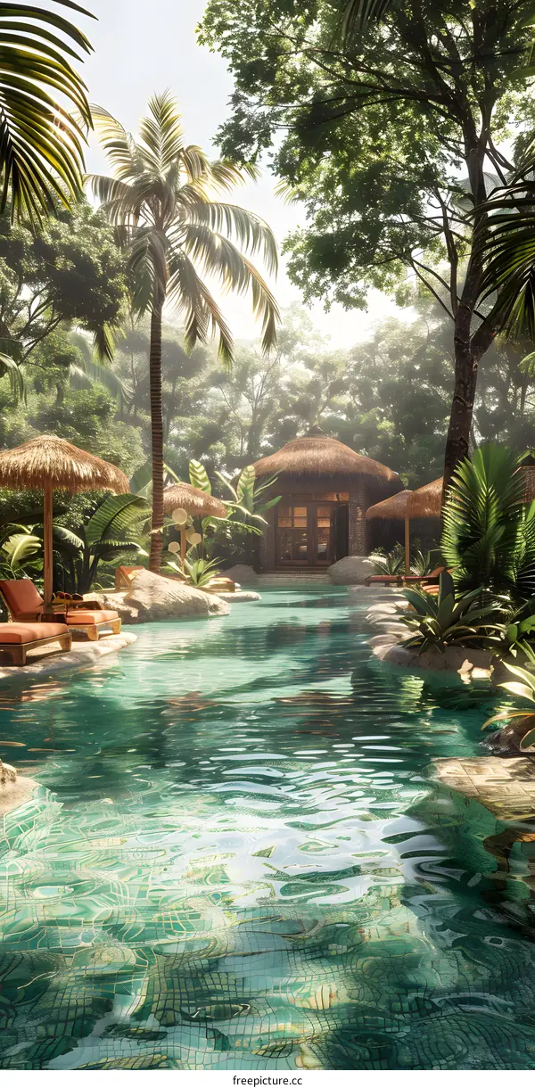 Tropical Pool with Palm Trees and Lush Greenery