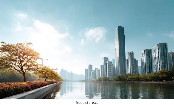 Modern Cityscape with Trees and River