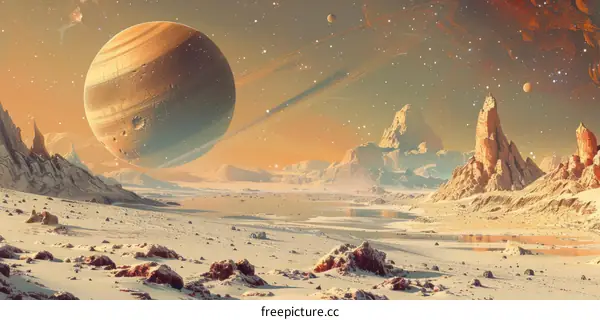 An illustration of a desert planet with a large moon and two suns in the sky
