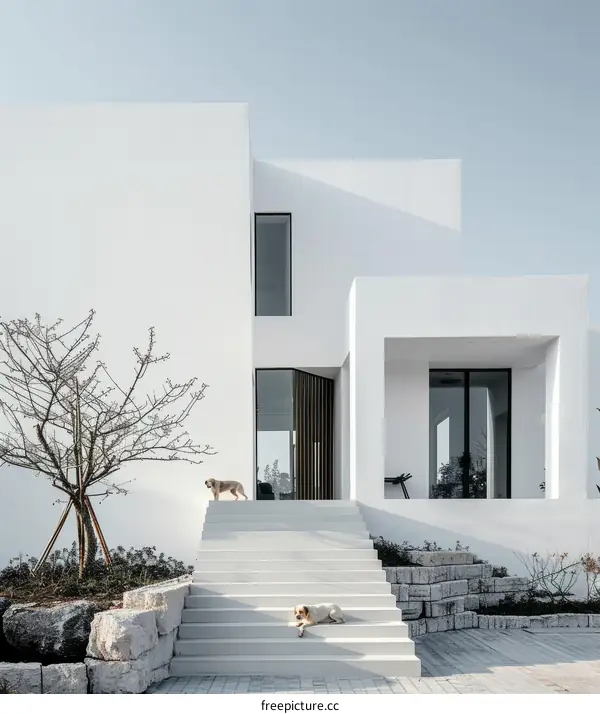 White Minimalist House with Tree and Dog