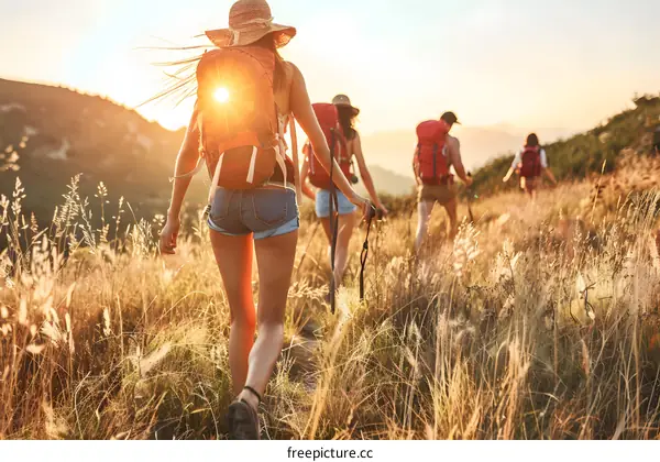 Group of People Hiking on a Mountain Trail During Sunset