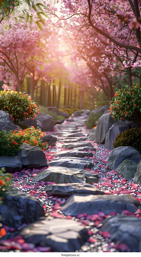 Stone path in a park with cherry blossoms