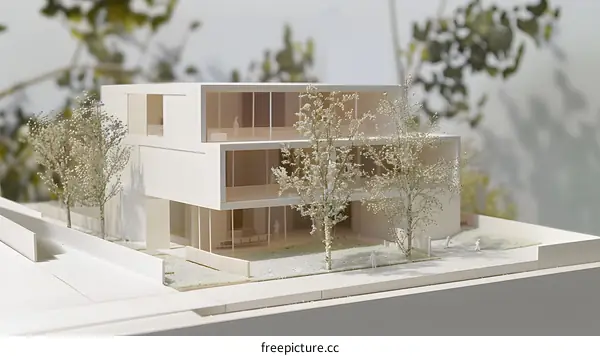 Modern Architecture Model with Trees and Figures
