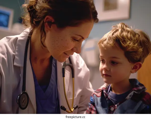 Female doctor talking to a young boy