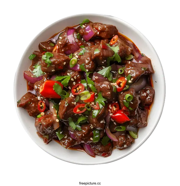 [Transparent Background PNG]Sliced beef with red chili peppers and spring onion