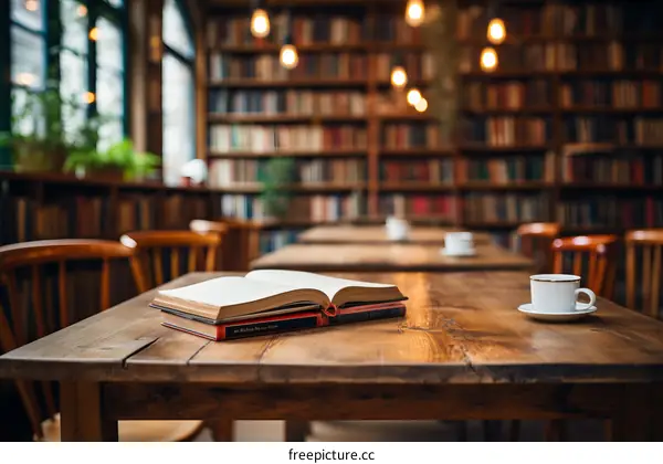 Open books on a wooden table in a library