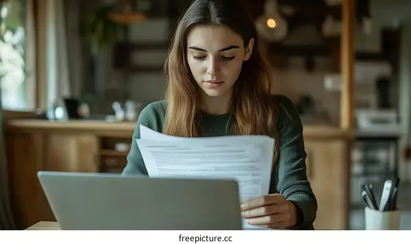 Focused Young Woman Reviewing Documents at Home