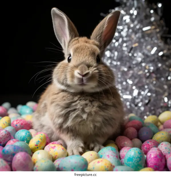 brown rabbit sits on pile of colorful Easter eggs
