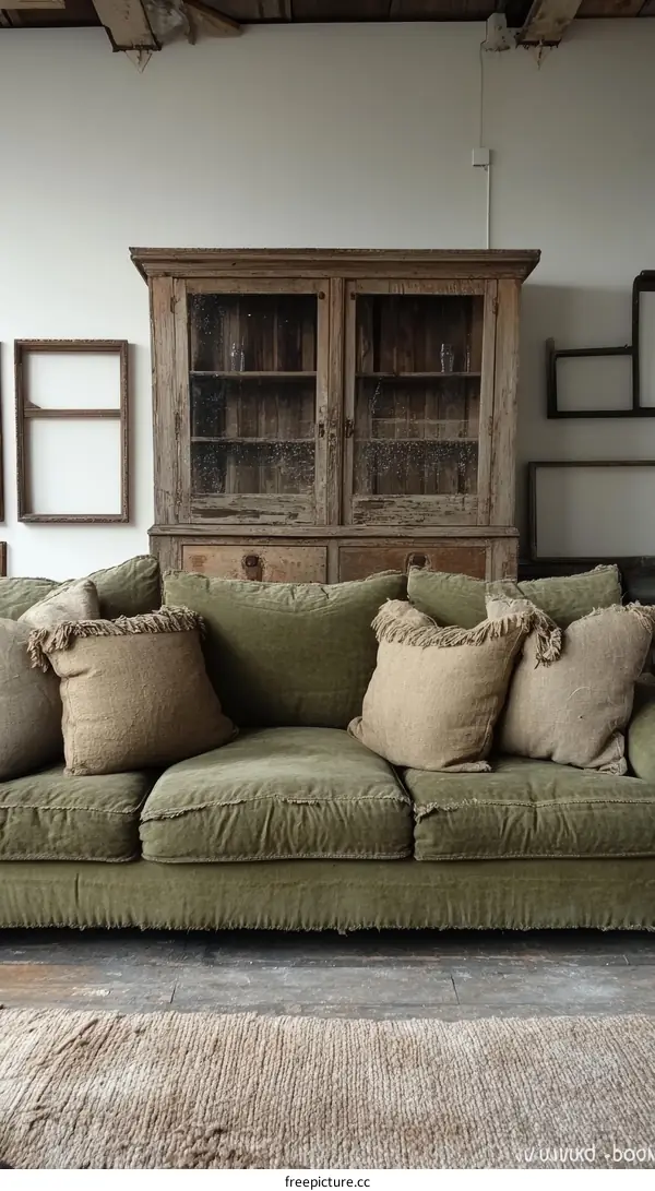 Rustic Farmhouse Living Room with Vintage Wooden Cabinet