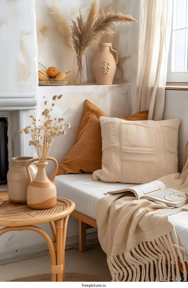 Beige and Brown Interior Design with Knitted Throw Blanket