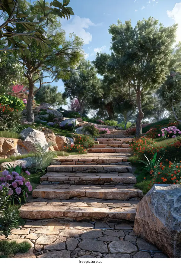 Stone steps in a lush garden
