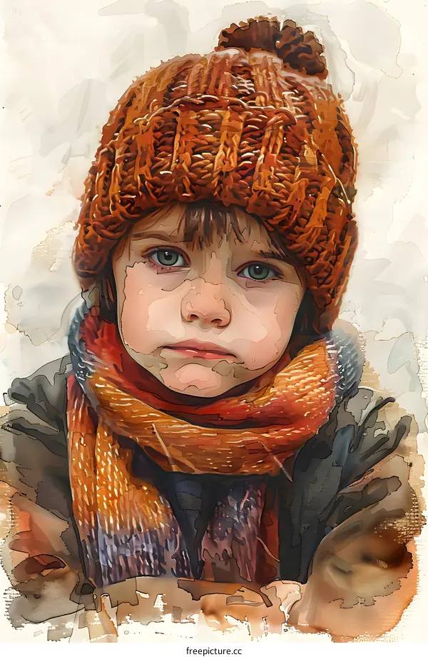 Little Girl Wearing a Knit Hat and Scarf Watercolor Painting