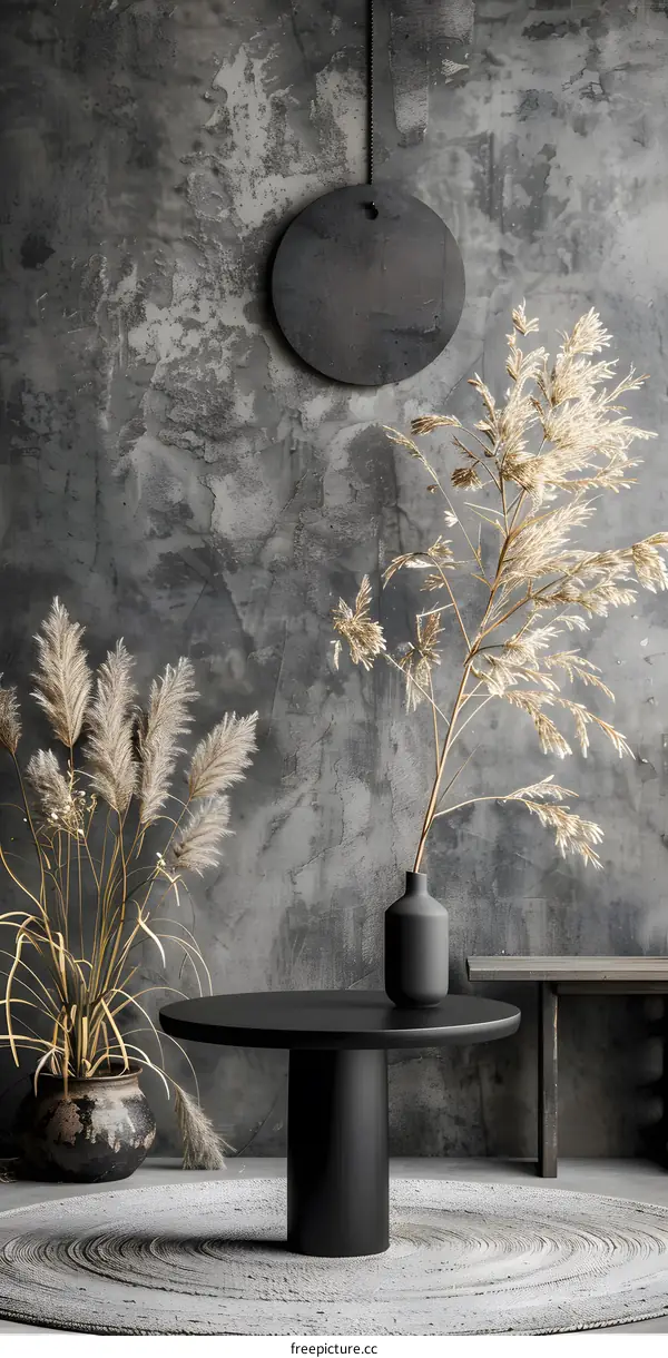 Modern Interior Design with Black Round Table and Grey Wall