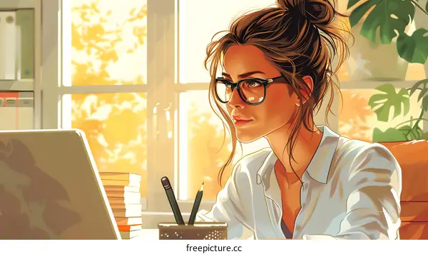 A woman is sitting at her desk looking at her laptop.