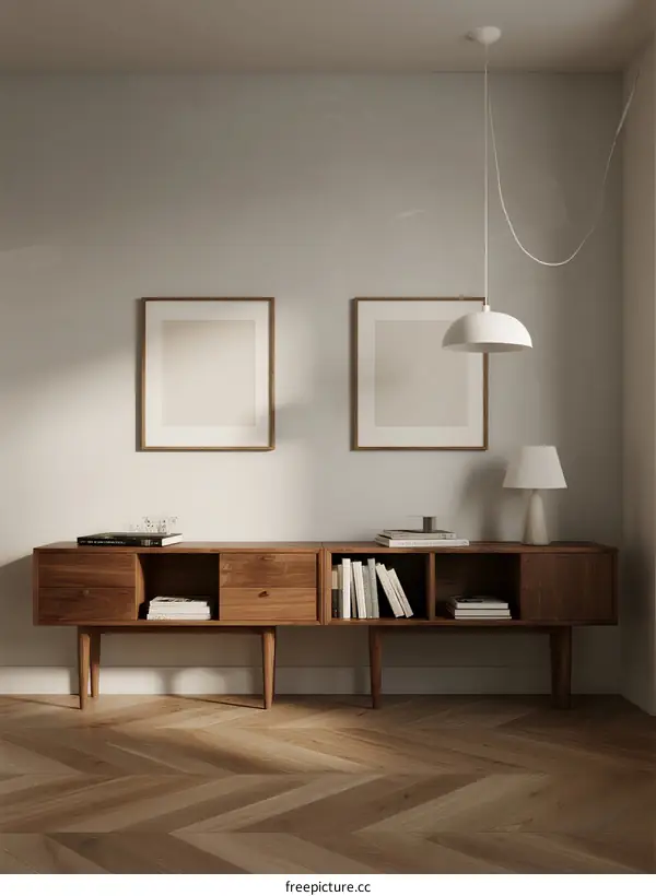 Modern wooden sideboard with framed art and pendant light in room