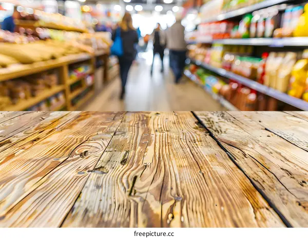 Wooden Table Top Blurred Supermarket Background