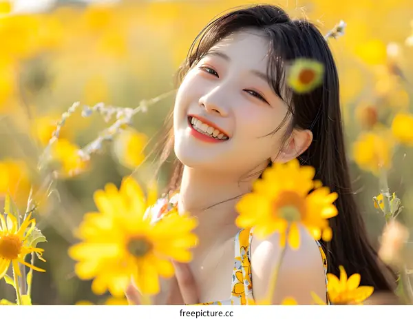Smiling Woman in a Field of Yellow Flowers