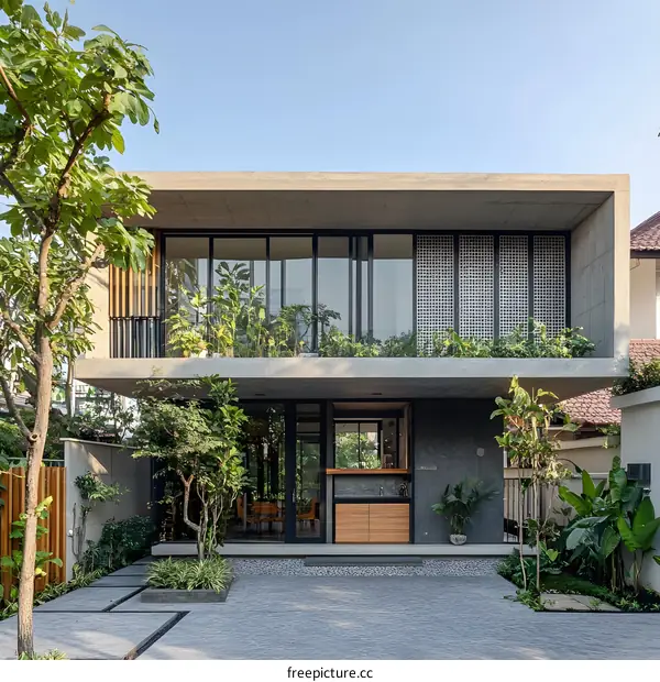 Modern Concrete House with Green Plants and Patio