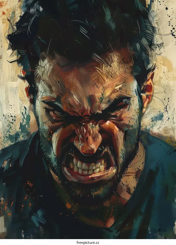 A portrait of a man with a beard and a scowl on his face