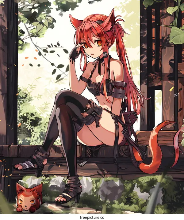 Anime Girl with Cat Ears and Tail Sitting on Wooden Structure