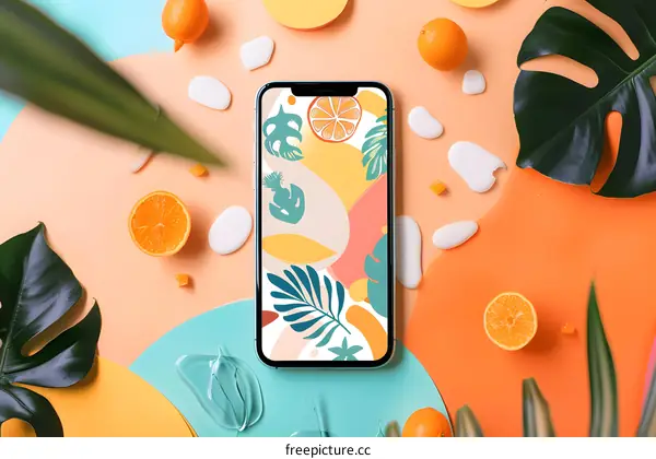 Summer Phone Wallpaper with Tropical Leaves and Oranges