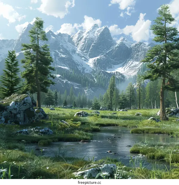 Serene Mountain Stream in Lush Valley