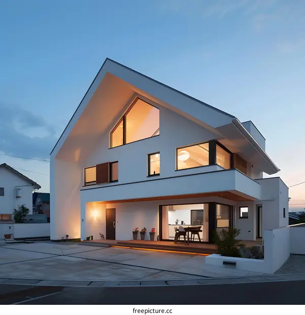 Modern White House with Large Windows and a Wooden Deck