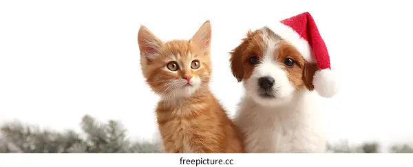 Cute Kitten and Puppy with Christmas Hats