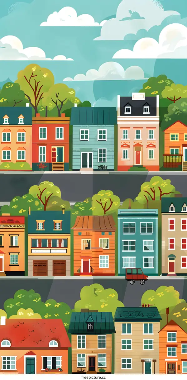 Colorful Illustrated Houses with Green Trees and Blue Sky