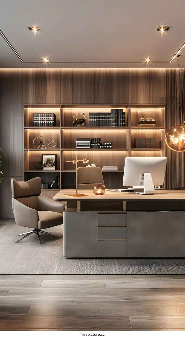 Modern Office Interior Design with Wooden Desk and Bookshelves