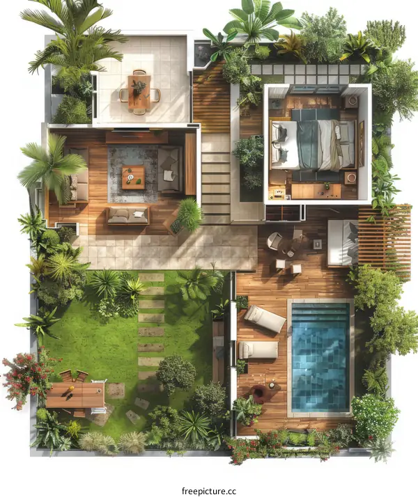 Modern tropical villa with pool and lush garden