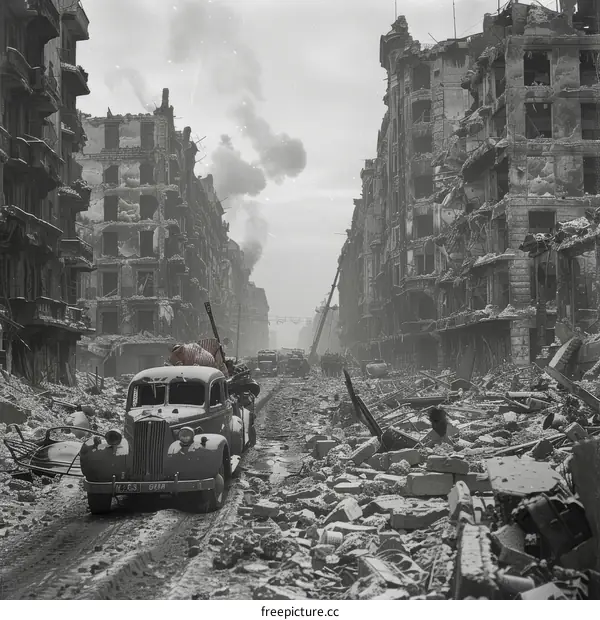 Black and white photo of the destruction in Berlin after World War II