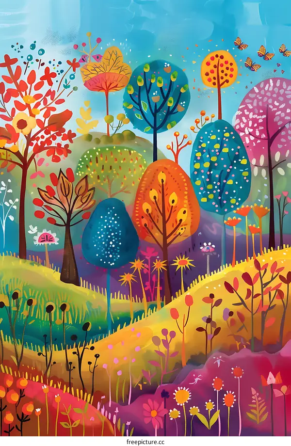 Colorful Abstract Landscape Painting with Trees and Flowers