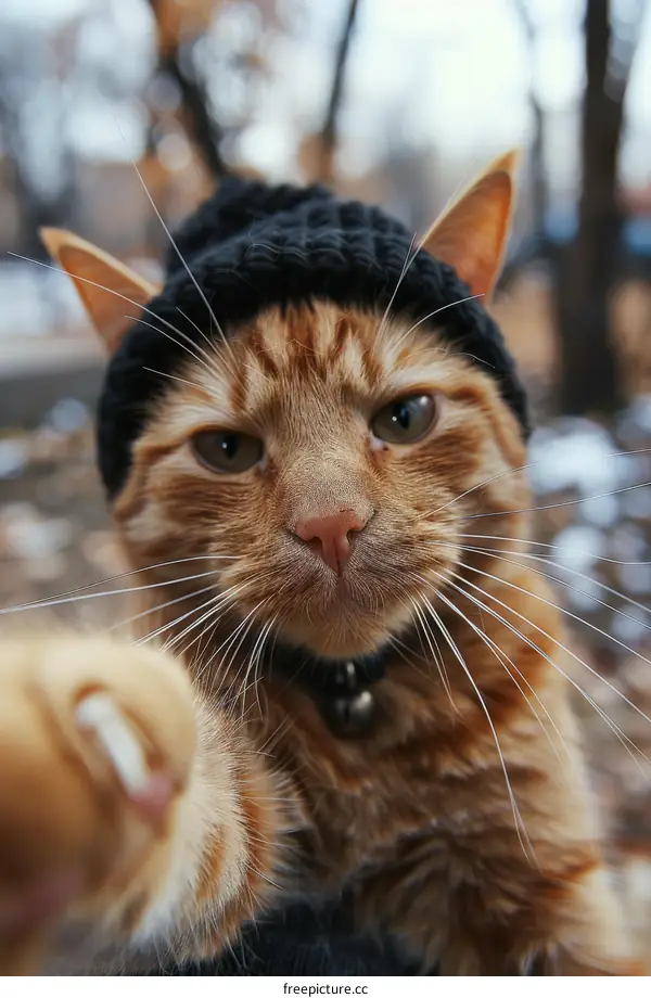ginger cat wearing black beanie