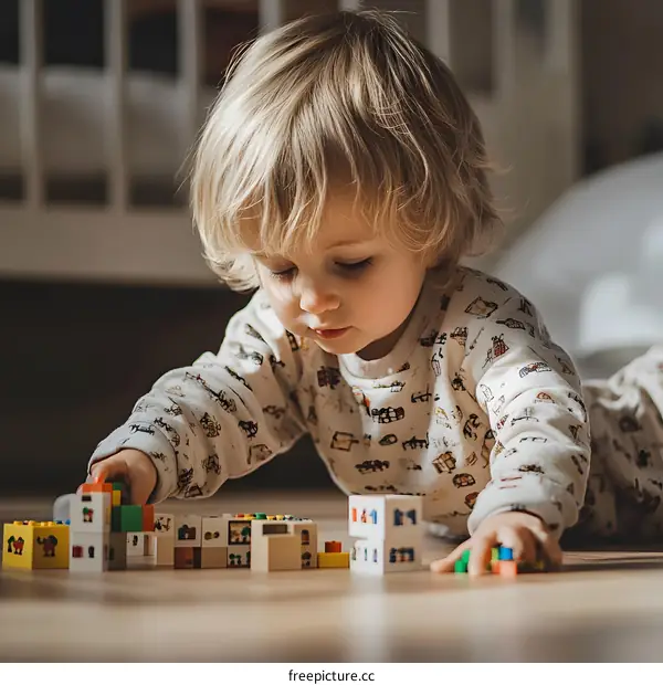 Little Boy Playing with Building Blocks on the Floor