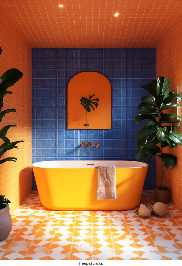 Orange and Blue Bathroom Interior Design With Yellow Bathtub