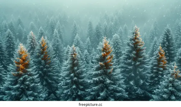 Snow-covered pine trees in a winter forest
