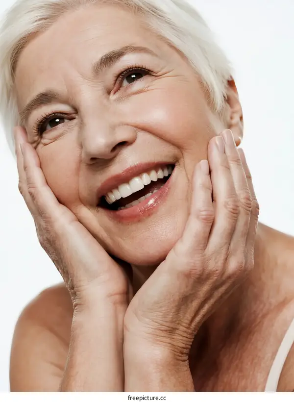 Elderly woman with white hair smiling and touching her face