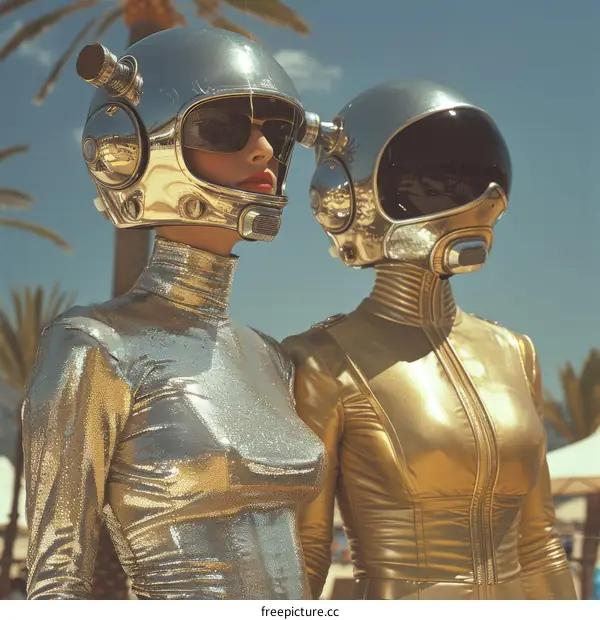 Two women wearing silver and gold space helmets