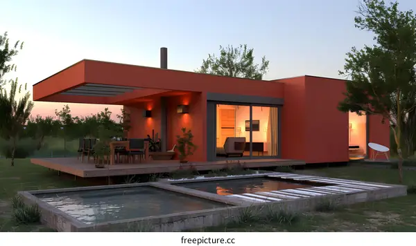 Modern red house at sunset