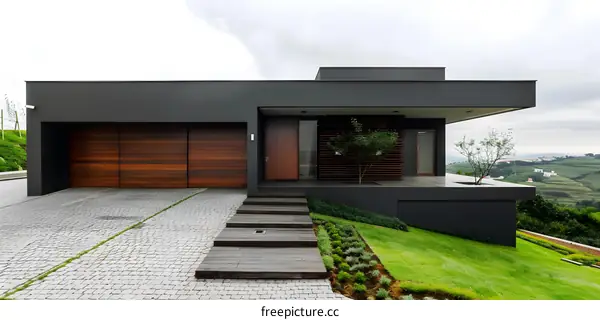 Modern Black House with Wooden Garage Door and Steps Leading to Entrance