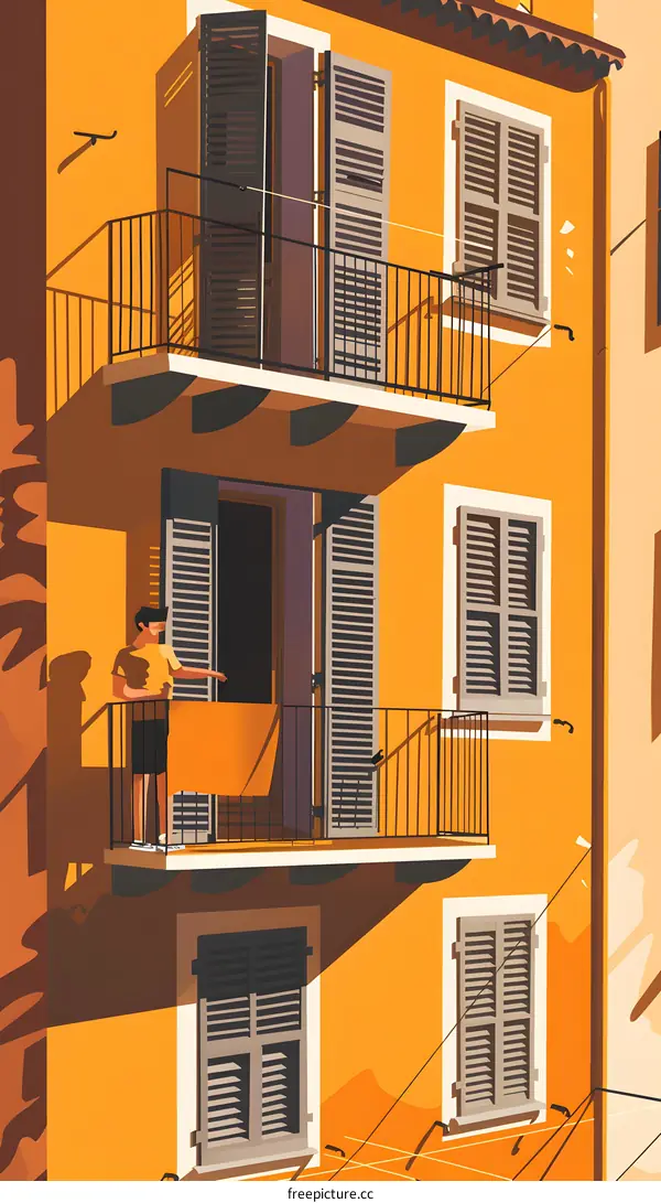 Man Hanging Laundry on Balcony of Yellow Building