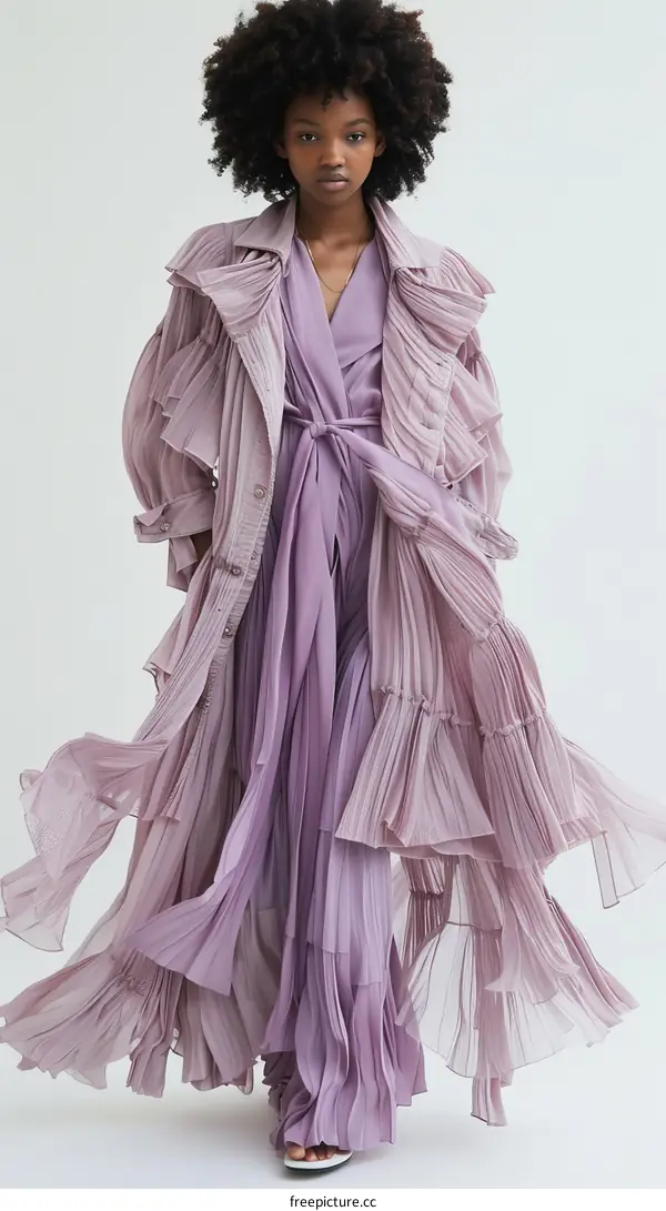 Black female model in pleated purple dress