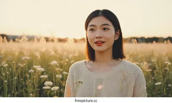 Asian Woman in a Field at Sunset