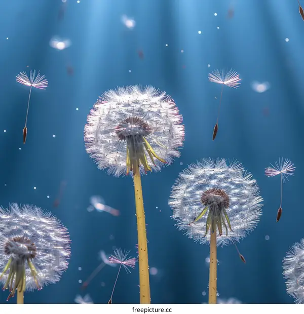 Dandelion seeds floating in the wind