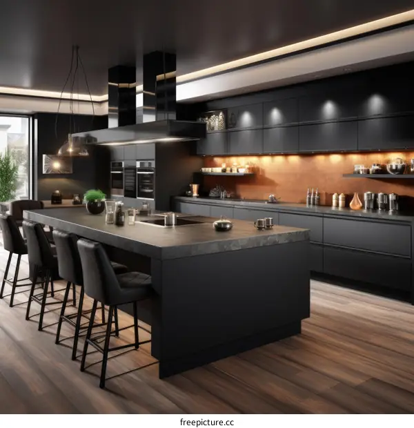 Black Kitchen Island With Integrated Dining Table And Copper Accents