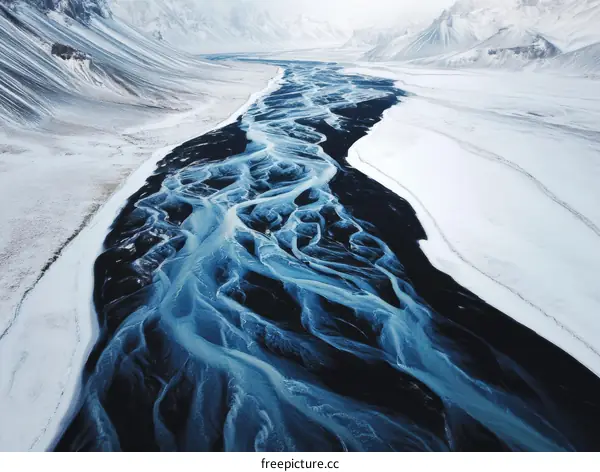 Winter Glacial River Flowing Through Snowy Mountains