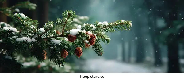 Snowy Pine Branch in a Winter Forest