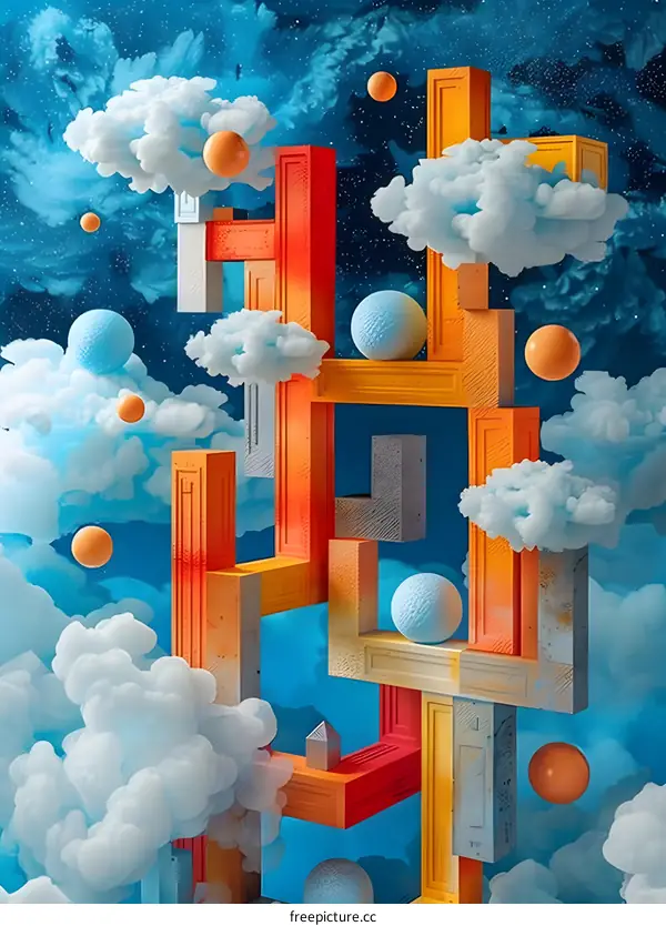 Surreal geometric shapes floating in the sky