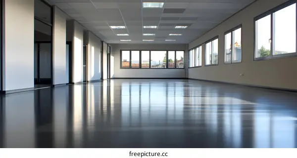 Empty Office Space With Large Windows And Shiny Floor